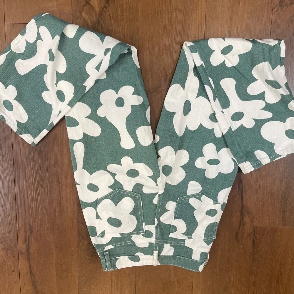 Bailey Rose Green White Flower Power Wide Leg High Waist Jeans Women's​​ size XS - Picture 6 of 7